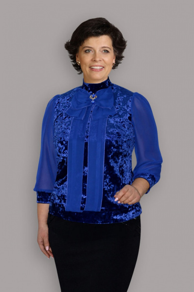 Блуза приталенная из бархата и шифона с бантом Таир-Гранд 62295 василек - фото 1