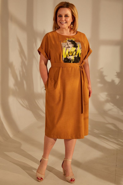Летнее коричневое платье с поясом и коротким рукавом Golden Valley 4680 т.охра - фото 1