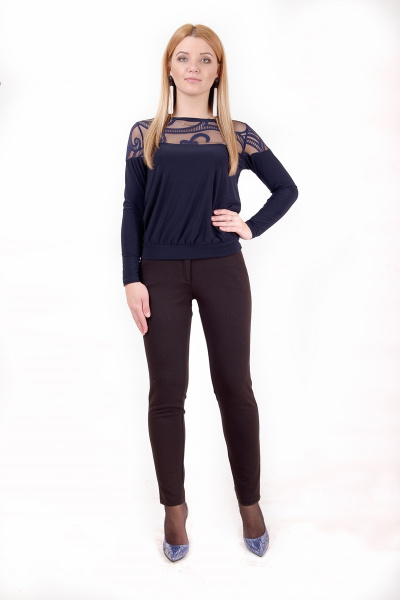 Джемпер из трикотажа с гипюровой кокеткой и манжетами Mita ЖМ857 темно-синий - фото 1
