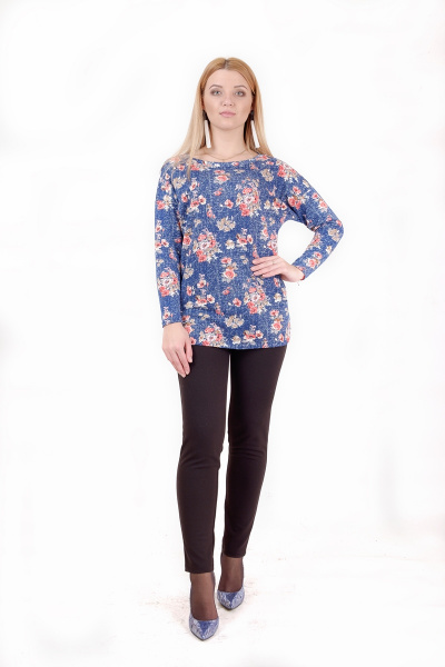 Круглогодичная приталенная туника из трикотажа с V-вырезом Mita ЖМ913 синий+красные-цветы - фото 1