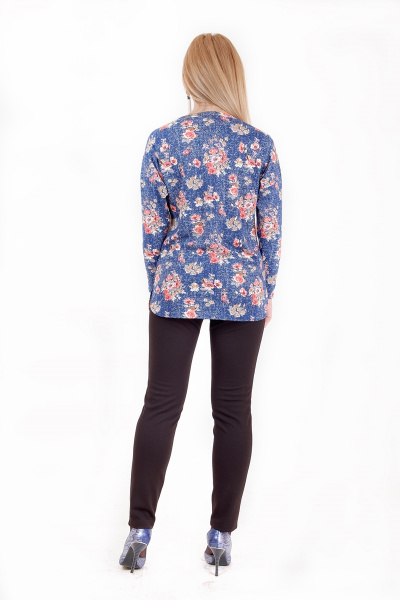 Круглогодичная приталенная туника из трикотажа с V-вырезом Mita ЖМ913 синий+красные-цветы - фото 3
