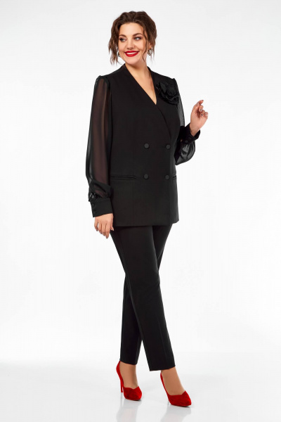 Элегантный костюм с двубортным жакетом и зауженными брюками Ольга Стиль С-830 черный - фото 5