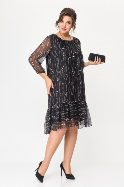 Черное трапециевидное платье из шифона с украшением БагираАнТа 835 дизайн"горошки" - фото 2