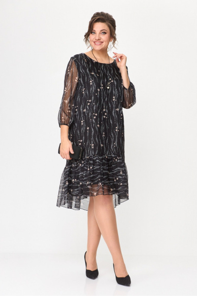 Черное трапециевидное платье из шифона с украшением БагираАнТа 835 дизайн"горошки" - фото 1