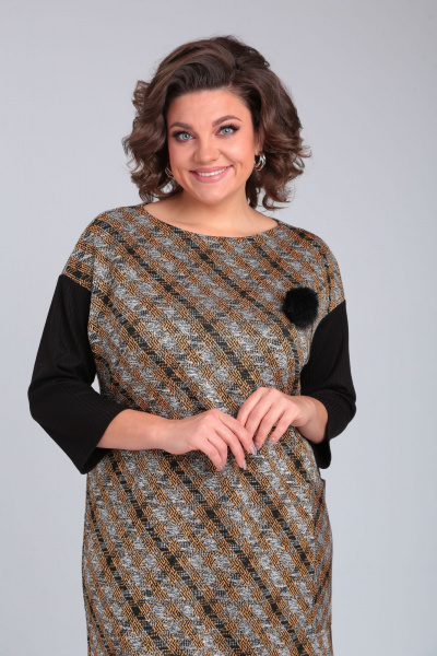 Коричневое платье из трикотажа с разрезом и брошью Michel chic 2150 черный-горчичный - фото 3