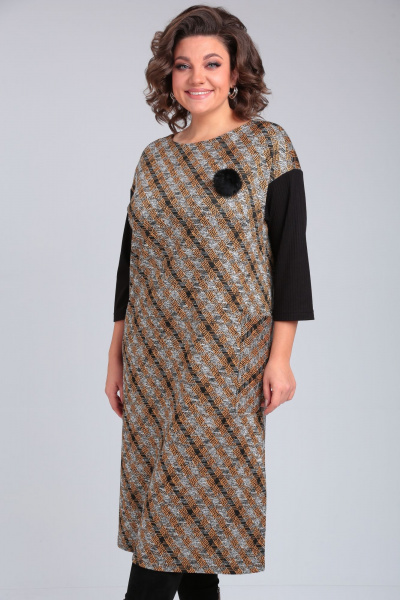 Коричневое платье из трикотажа с разрезом и брошью Michel chic 2150 черный-горчичный - фото 7