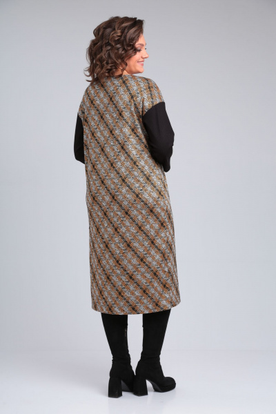 Коричневое платье из трикотажа с разрезом и брошью Michel chic 2150 черный-горчичный - фото 6