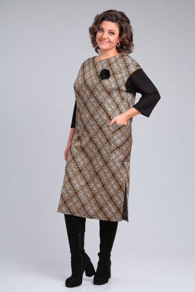 Коричневое платье из трикотажа с разрезом и брошью Michel chic 2150 черный-горчичный - фото 2