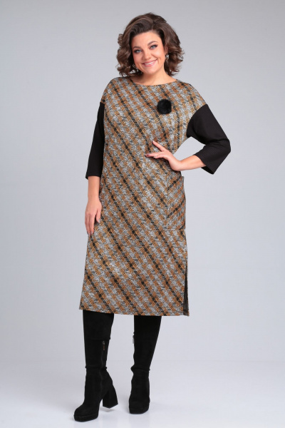 Коричневое платье из трикотажа с разрезом и брошью Michel chic 2150 черный-горчичный - фото 1