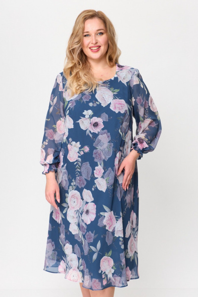 Круглогодичное воздушное платье из шифона с сборками и свободным кроем Элль-стиль 2258 джинс/принт_цветы - фото 7