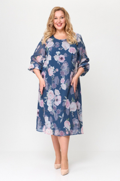 Круглогодичное воздушное платье из шифона с сборками и свободным кроем Элль-стиль 2258 джинс/принт_цветы - фото 5