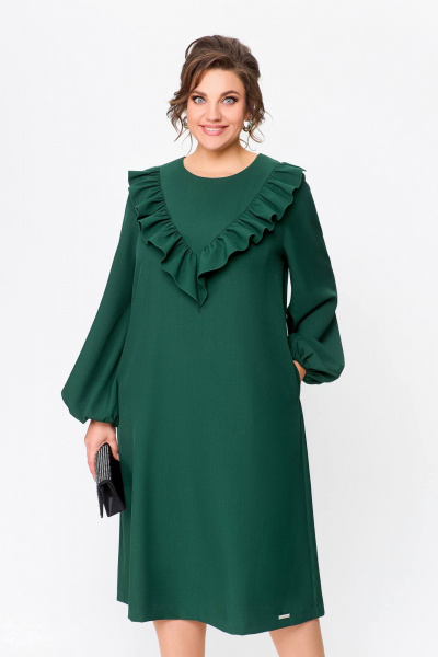 Платье из плательной ткани с объемными рукавами и кокеткой Swallow 710 темный_изумруд - фото 9