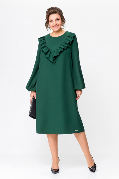 Платье из плательной ткани с объемными рукавами и кокеткой Swallow 710 темный_изумруд - фото 1