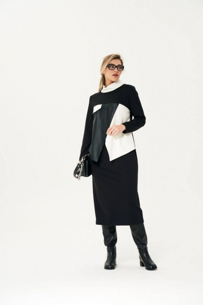 Трикотажное платье с вставками из экокожи Koketka i K 1110 черный+белый - фото 2