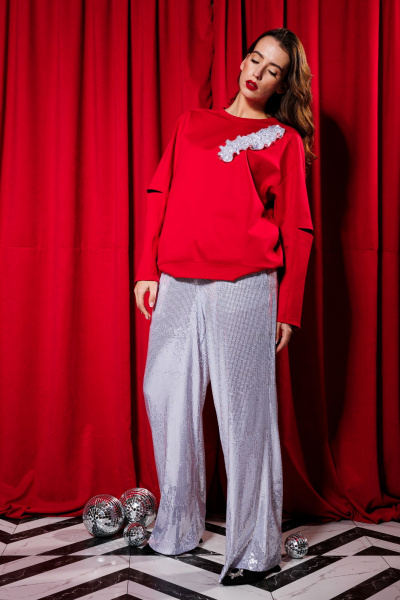 Костюм 2-ка из трикотажа с пайетками и резинками NikVa 431 алый_серебро - фото 3