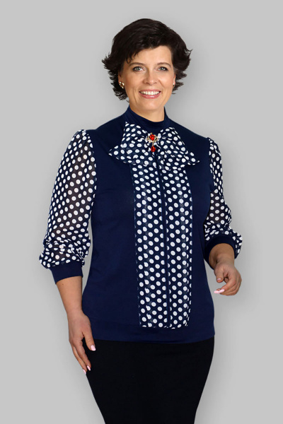 Блуза приталенная из трикотажа и шифона с бантом Таир-Гранд 62295 крупный_горох - фото 1