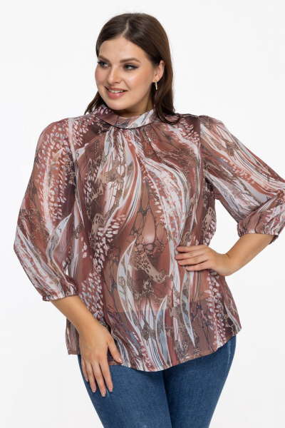 Блуза из шифона с воротником-стойкой и мультиколоревым принтом Avila 0822 коричневый - фото 5