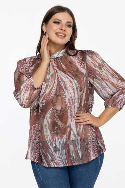 Блуза из шифона с воротником-стойкой и мультиколоревым принтом Avila 0822 коричневый - фото 4