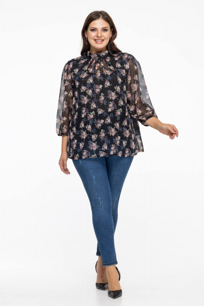 Блуза из шифона с воротником-стойкой и цветовым контрастом Avila 0822 розово-черный - фото 7