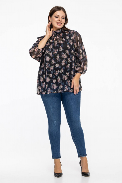 Блуза из шифона с воротником-стойкой и цветовым контрастом Avila 0822 розово-черный - фото 6