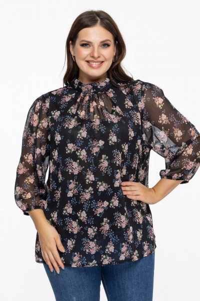 Блуза из шифона с воротником-стойкой и цветовым контрастом Avila 0822 розово-черный - фото 5