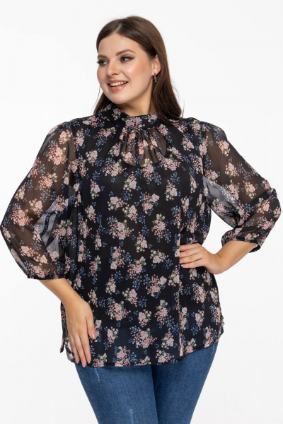 Блуза из шифона с воротником-стойкой и цветовым контрастом Avila 0822 розово-черный - фото 4