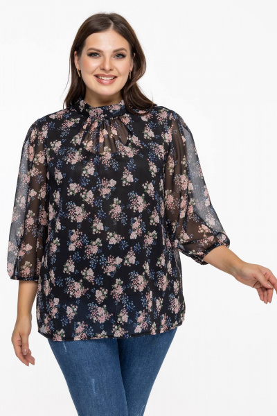 Блуза из шифона с воротником-стойкой и цветовым контрастом Avila 0822 розово-черный - фото 1