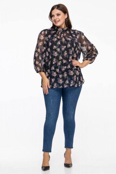 Блуза из шифона с воротником-стойкой и цветовым контрастом Avila 0822 розово-черный - фото 3