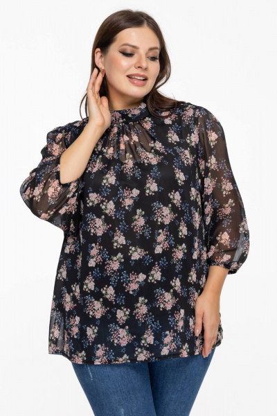 Блуза из шифона с воротником-стойкой и цветовым контрастом Avila 0822 розово-черный - фото 2