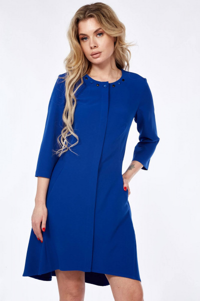 Синее деловое платье из текстиля с карманами и брошью Lady Style Classic 818 васильковый - фото 3