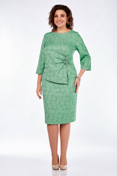 Нарядный комплект из блузы и юбки с декором и разрезом Ольга Стиль С-834 бирюза - фото 1