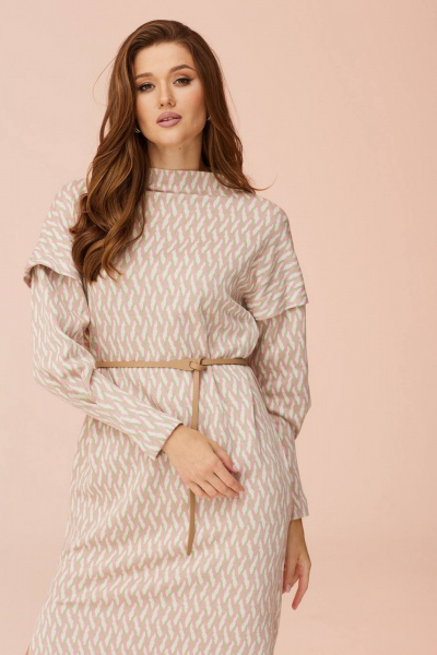 Мультиколорное трикотажное платье с карманами и ремнем Faufilure C1477 розовый - фото 4