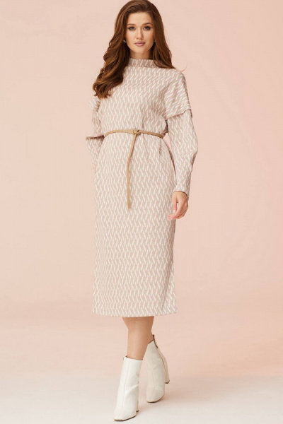 Мультиколорное трикотажное платье с карманами и ремнем Faufilure C1477 розовый - фото 2