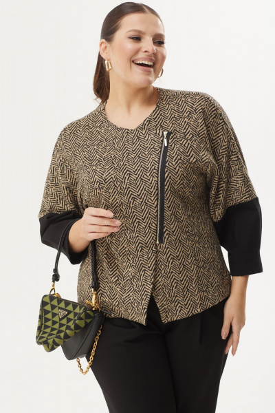 Бежевый и черный костюм: укороченный жакет и прямые брюки из трикотажа Michel chic 1354 черный-бежевый - фото 3