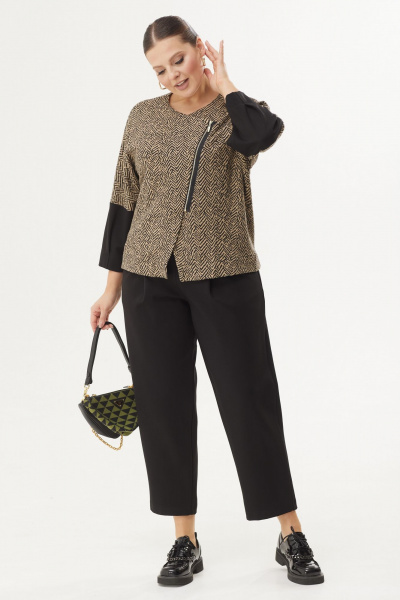 Бежевый и черный костюм: укороченный жакет и прямые брюки из трикотажа Michel chic 1354 черный-бежевый - фото 1
