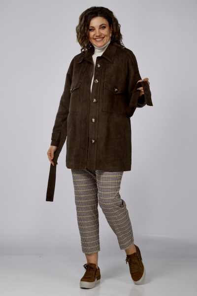 Коричневый удлинённый жакет из замшевой ткани с декором и клапанами Anna Majewska 1526В - фото 5