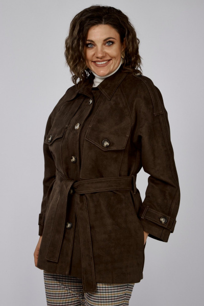 Коричневый удлинённый жакет из замшевой ткани с декором и клапанами Anna Majewska 1526В - фото 1