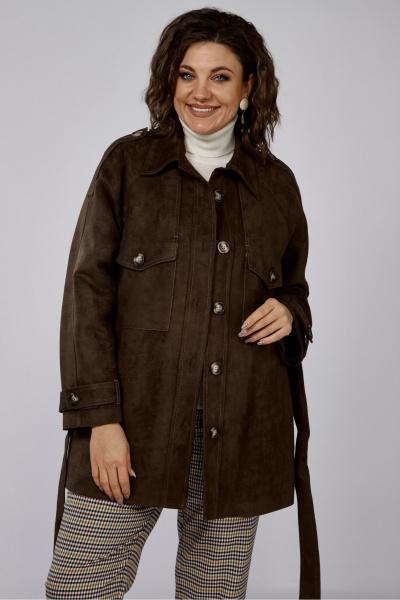 Коричневый удлинённый жакет из замшевой ткани с декором и клапанами Anna Majewska 1526В - фото 3