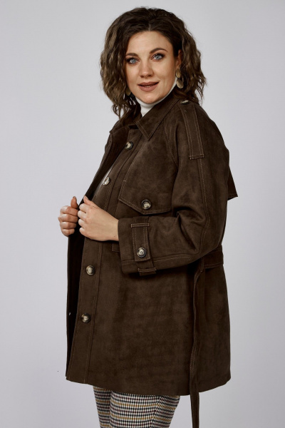 Коричневый удлинённый жакет из замшевой ткани с декором и клапанами Anna Majewska 1526В - фото 2