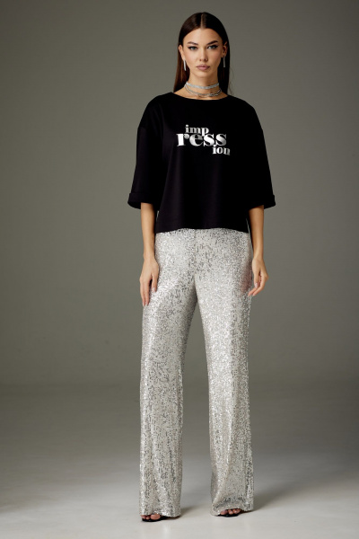 Нарядный комплект из пайеточного брюк и укороченного джемпера из трикотажа N.O.W. 1372-S - фото 1