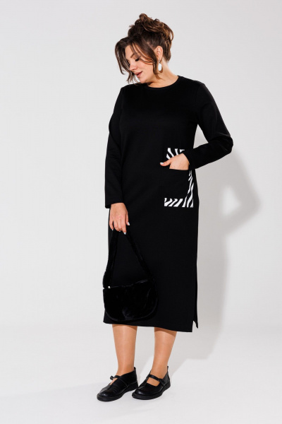 Платье черное из трикотажа с принтом зебра Anelli 1427 черный - фото 1