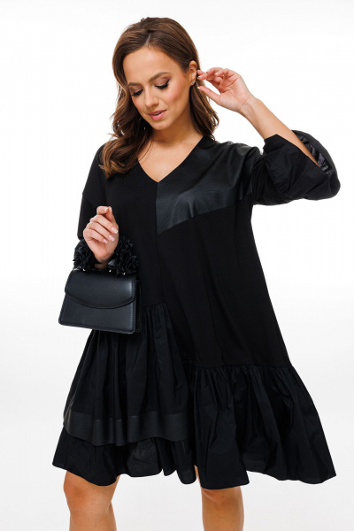 Классическое нарядное платье А-силуэта из 3-х видов ткани Mubliz 135 черный - фото 12