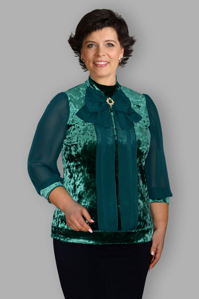 Блуза из бархата и шифона с воротником-стойкой Таир-Гранд 62295 изумруд - фото 1