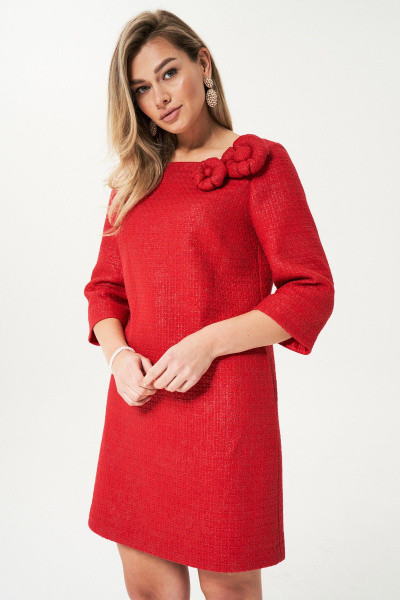 Платье А-силуэта из рогожки с брошью и карманами Магия моды 2385 красный - фото 2
