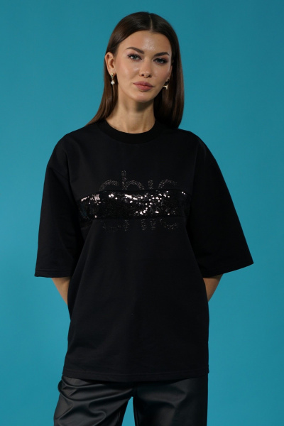 Черный удлиненный джемпер с пайетками и приспущенным рукавом Kivviwear 4143.06 - фото 11
