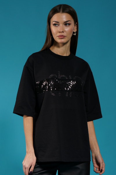 Черный удлиненный джемпер с пайетками и приспущенным рукавом Kivviwear 4143.06 - фото 9