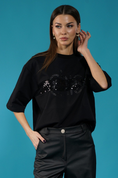 Черный удлиненный джемпер с пайетками и приспущенным рукавом Kivviwear 4143.06 - фото 3