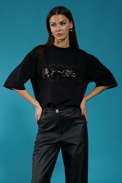 Черный удлиненный джемпер с пайетками и приспущенным рукавом Kivviwear 4143.06 - фото 2