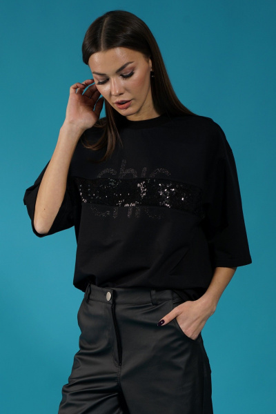 Черный удлиненный джемпер с пайетками и приспущенным рукавом Kivviwear 4143.06 - фото 1