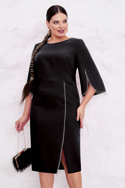 Черное платье футляр с бисерной тесьмой и вытачками Lissana 4847 черный - фото 5